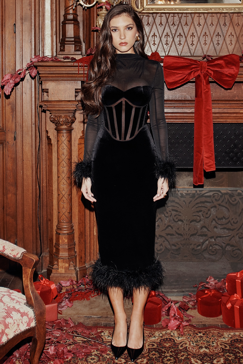 Lianna  Black Velvet Midi Dress — image 11