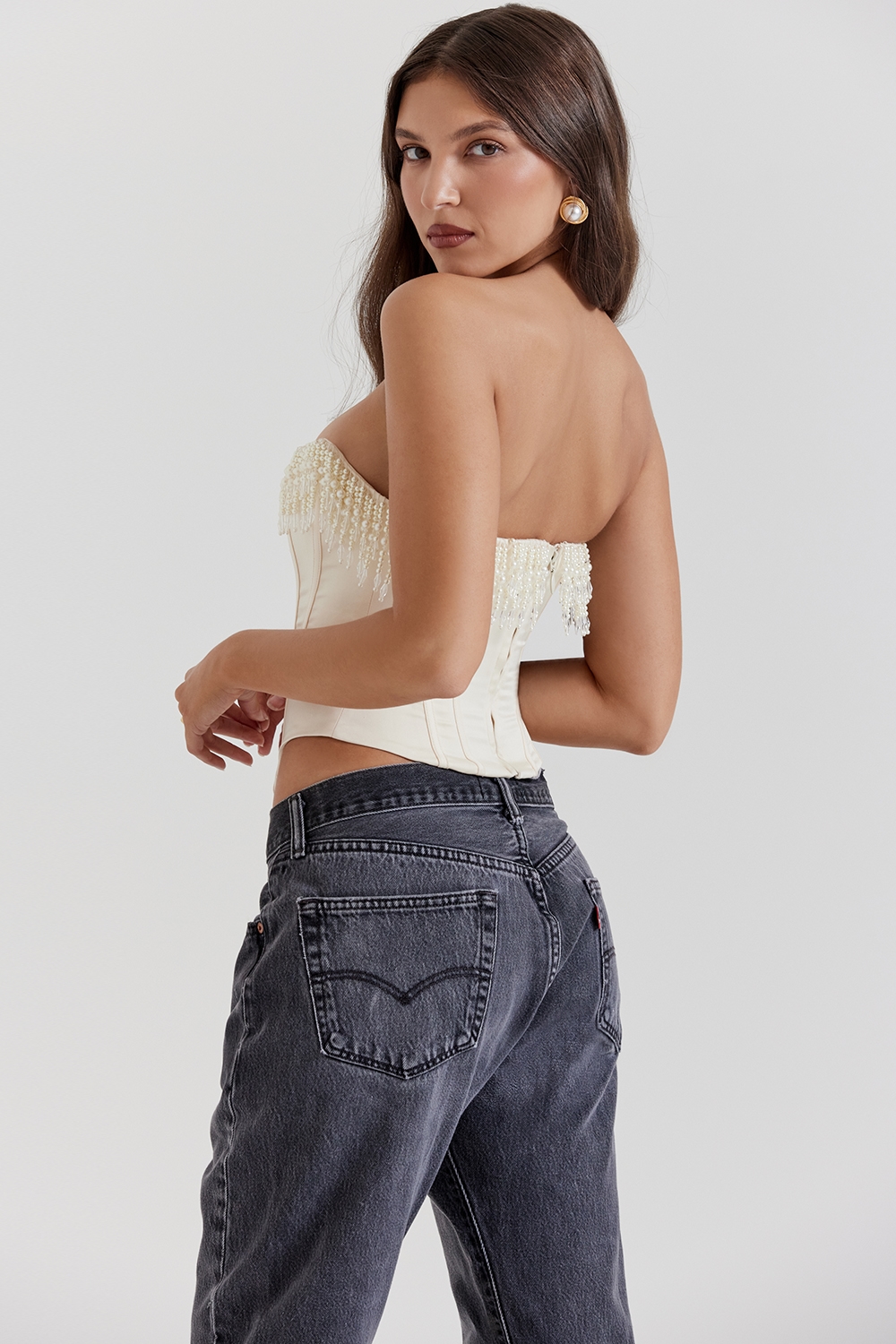 Aubrie  Vintage Cream Embellished Satin Corset — image 9