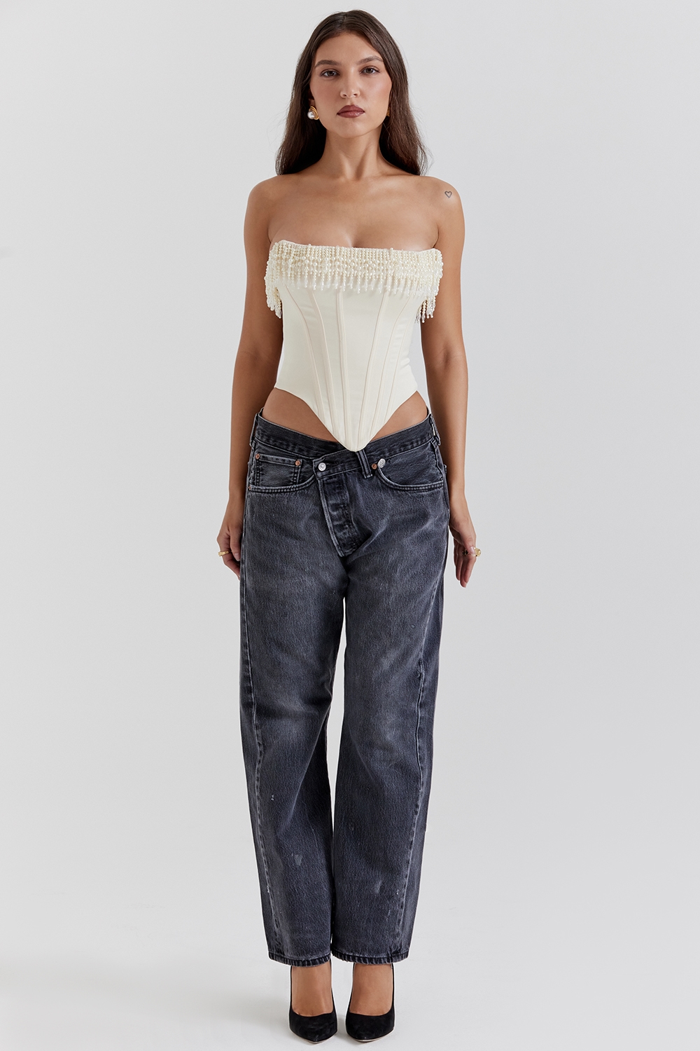 Aubrie  Vintage Cream Embellished Satin Corset — image 3