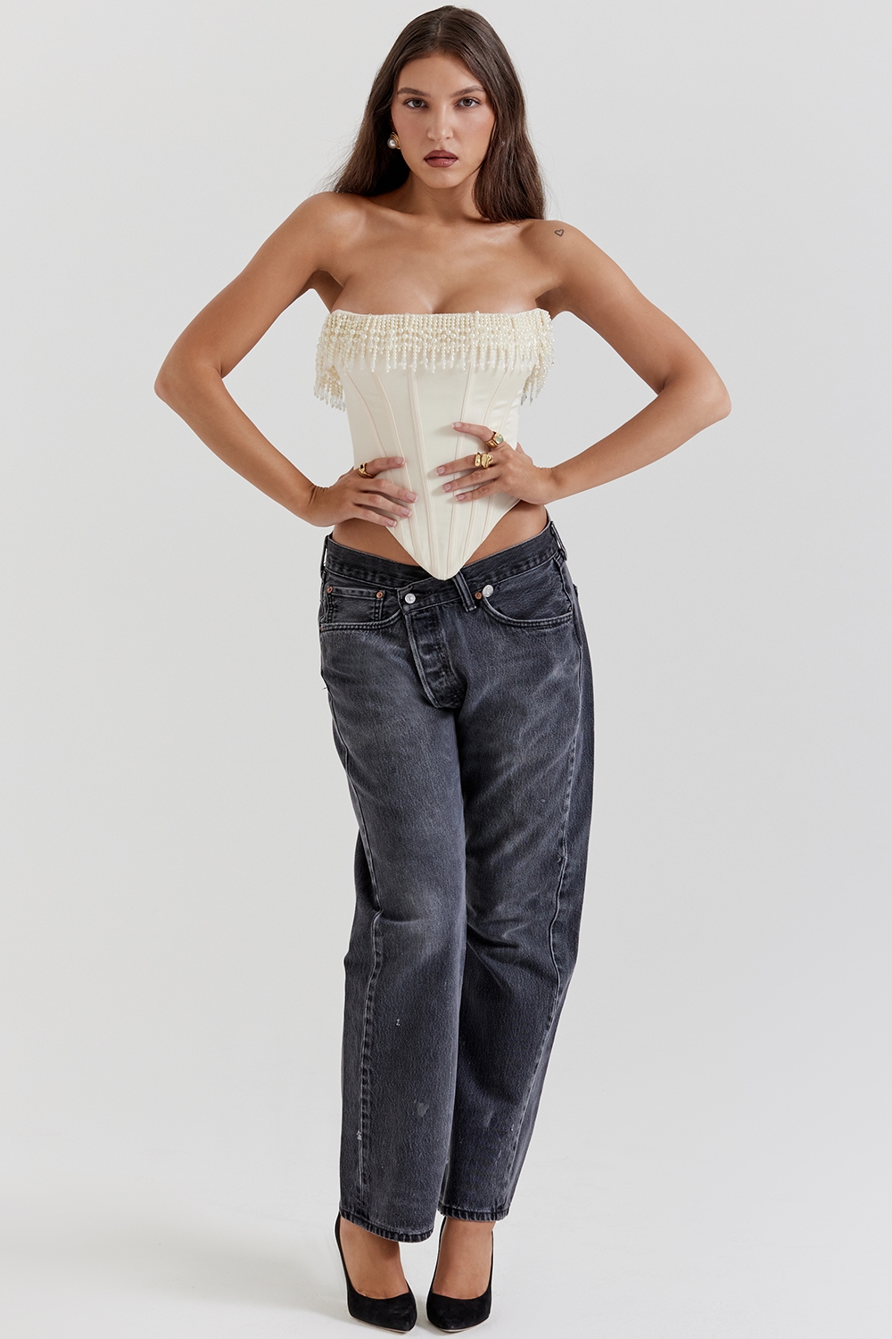 Aubrie  Vintage Cream Embellished Satin Corset — image 5