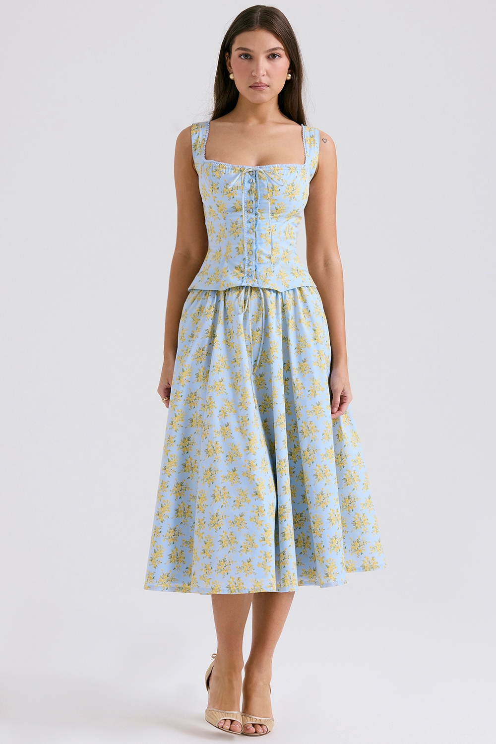 Cora Soft Blue Vintage Floral Print Cotton Midi Skirt