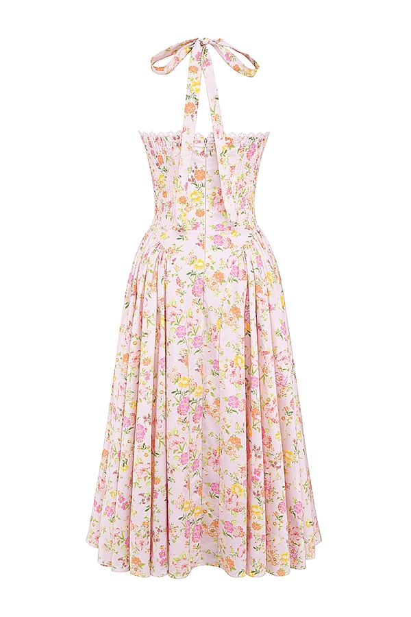 Adabella  Pink Meadow Print Cotton Halter Midi Sundress — image 20