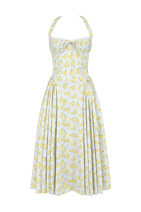 Adabella  Soft Blue Vintage Floral Print Cotton Halter Sundress — image 11