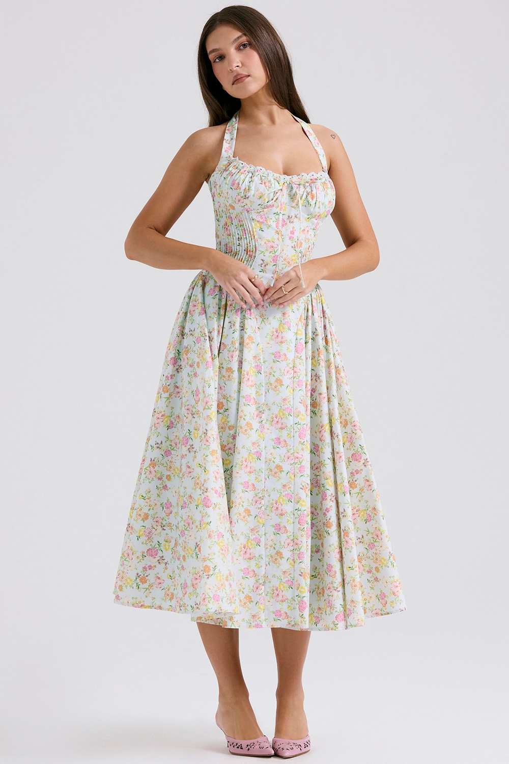 Adabella  Pale Blue Meadow Print Cotton Halter Sundress — image 2