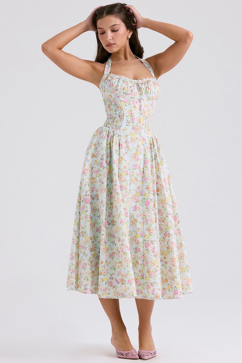 Adabella  Pale Blue Meadow Print Cotton Halter Sundress — image 3