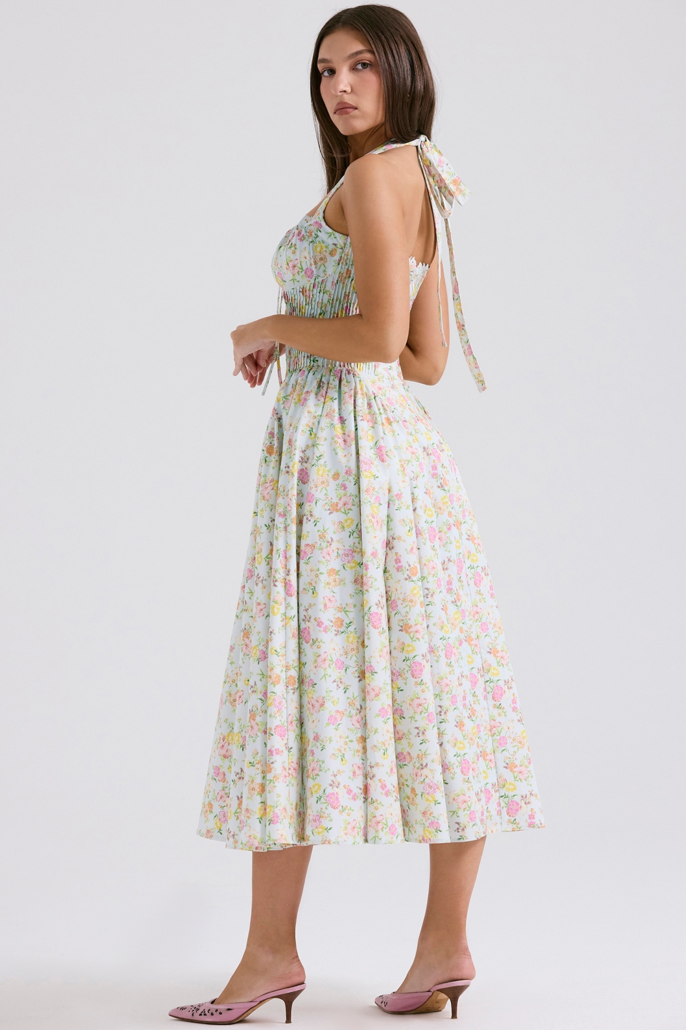 Adabella  Pale Blue Meadow Print Cotton Halter Sundress — image 6