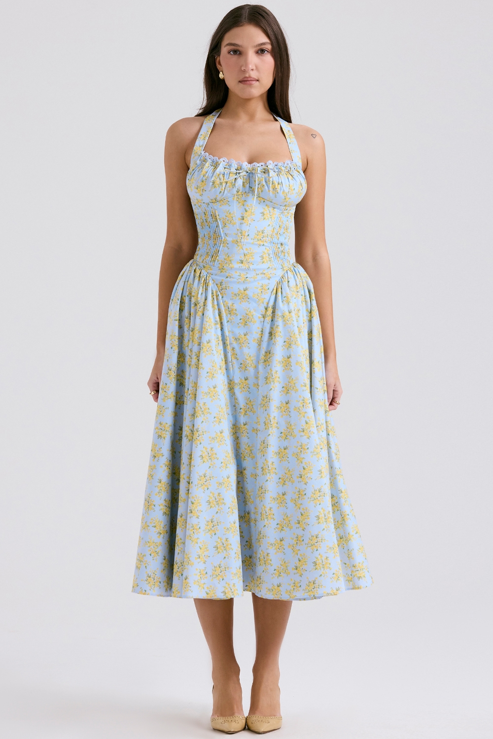 Adabella  Soft Blue Vintage Floral Print Cotton Halter Sundress — image 2
