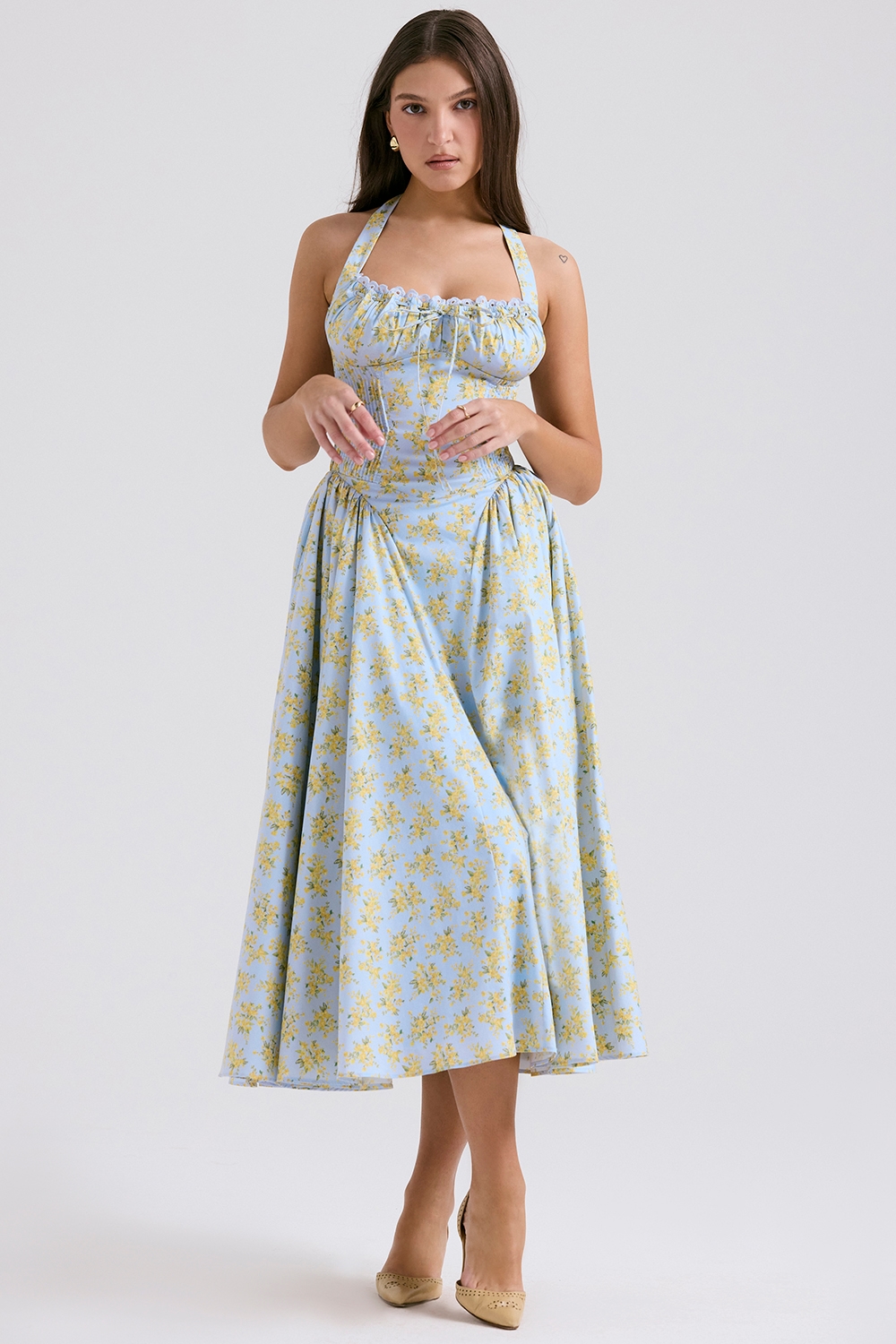 Adabella  Soft Blue Vintage Floral Print Cotton Halter Sundress — image 5