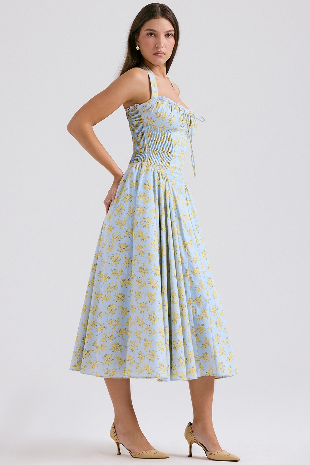 Adabella  Soft Blue Vintage Floral Print Cotton Halter Sundress — image 8