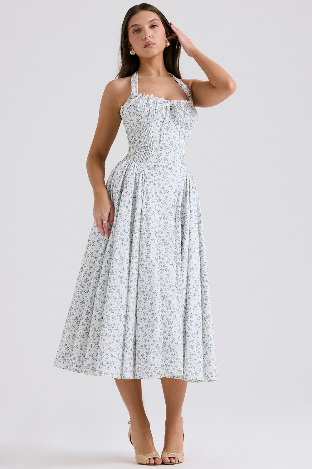 Adabella  White Bluebell Print Cotton Halter Sundress — image 5