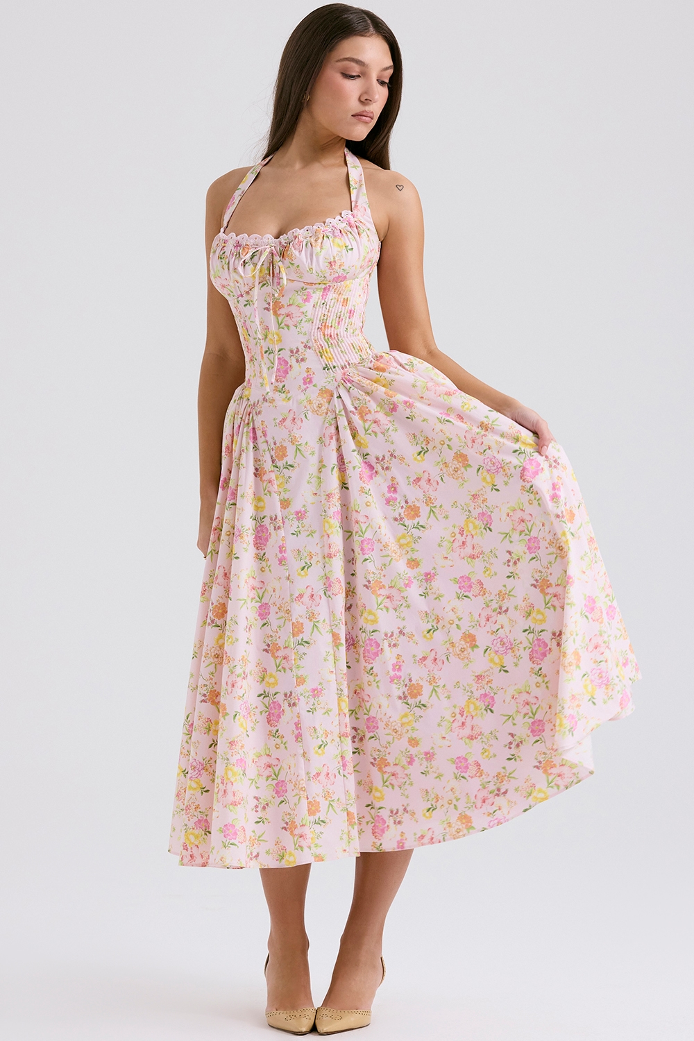 Adabella  Pink Meadow Print Cotton Halter Midi Sundress — image 5
