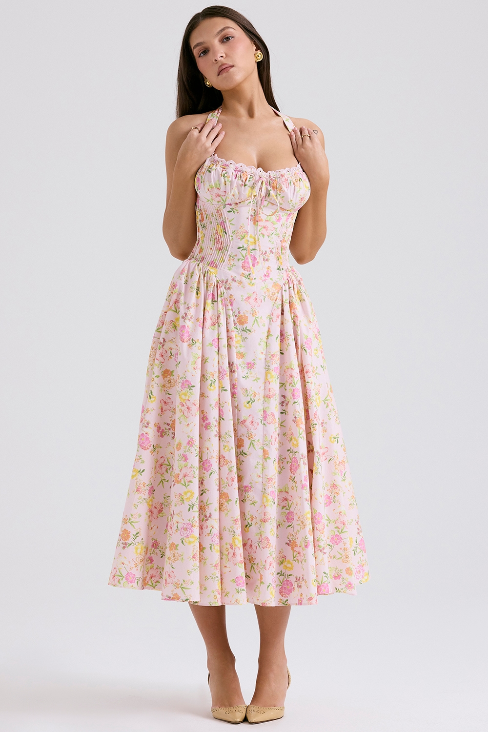 Adabella  Pink Meadow Print Cotton Halter Midi Sundress — image 6