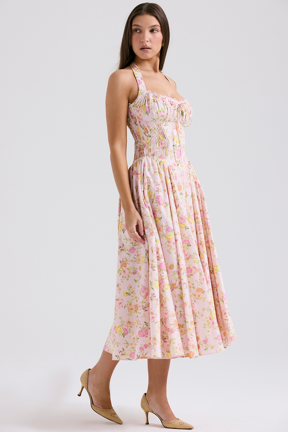 Adabella  Pink Meadow Print Cotton Halter Midi Sundress — image 7