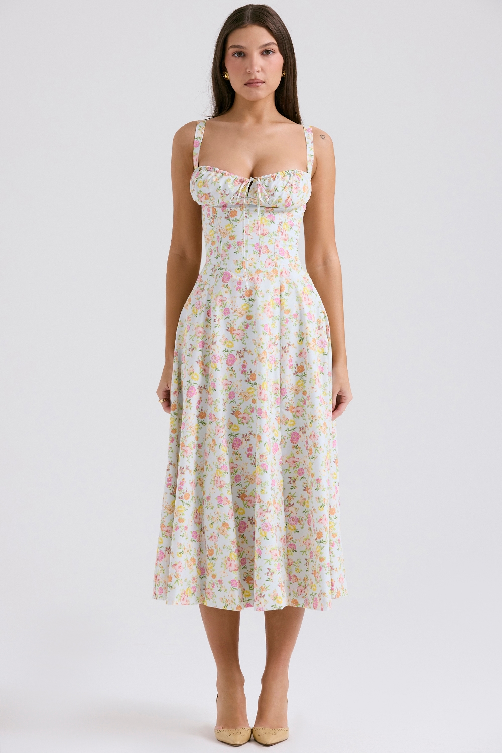 Carmen  Pale Blue Meadow Print Cotton Bustier Sundress — image 2