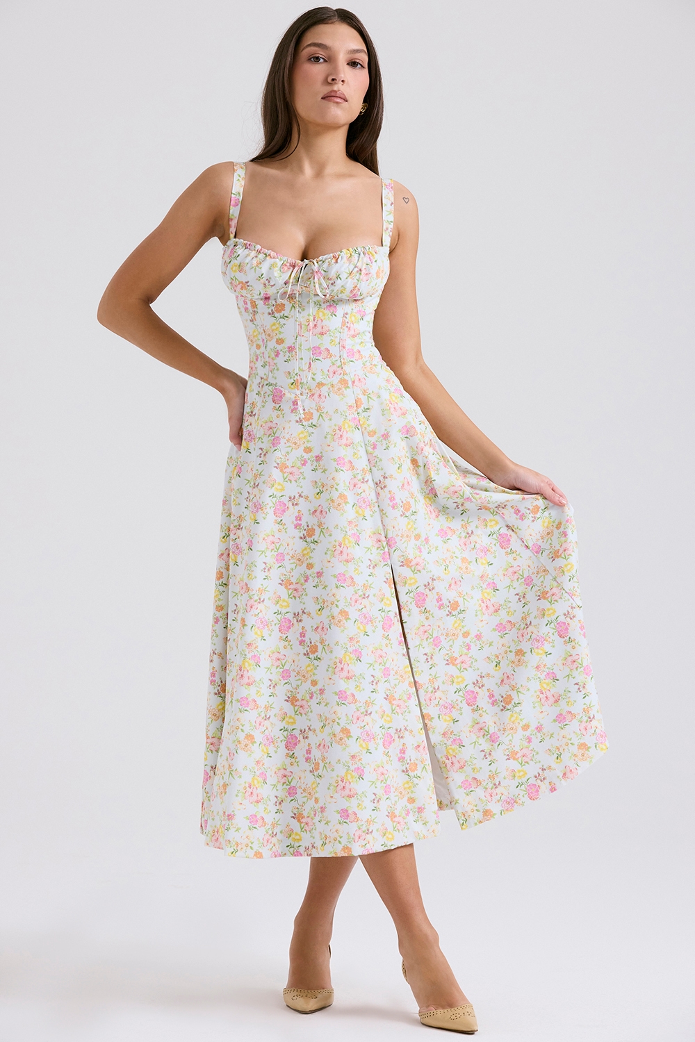 Carmen  Pale Blue Meadow Print Cotton Bustier Sundress — image 3