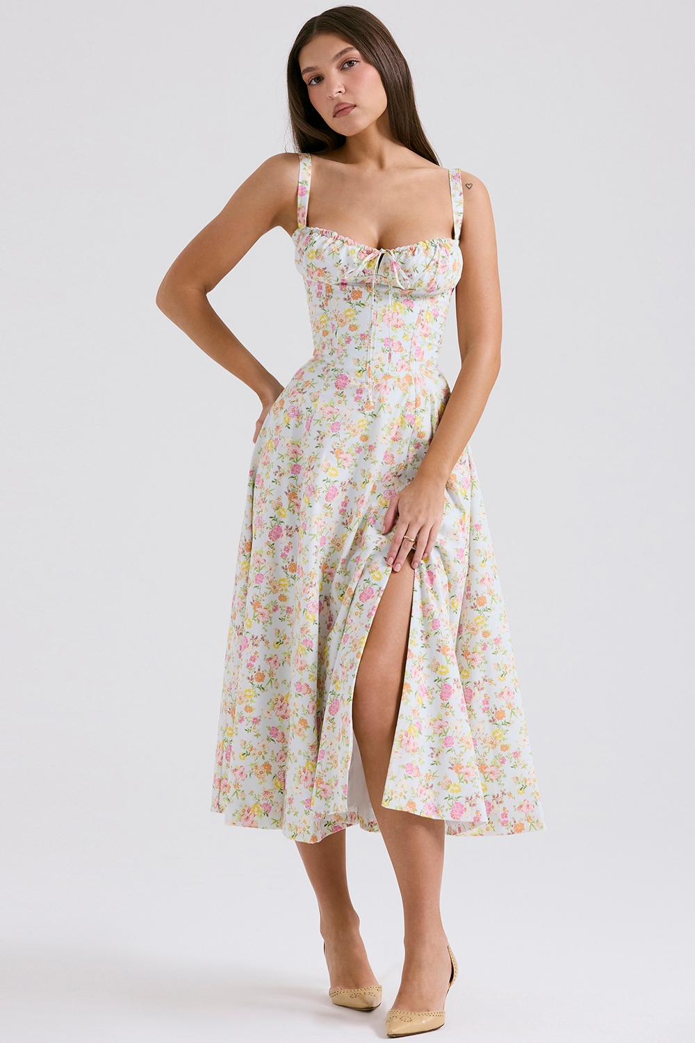 Carmen  Pale Blue Meadow Print Cotton Bustier Sundress — image 1