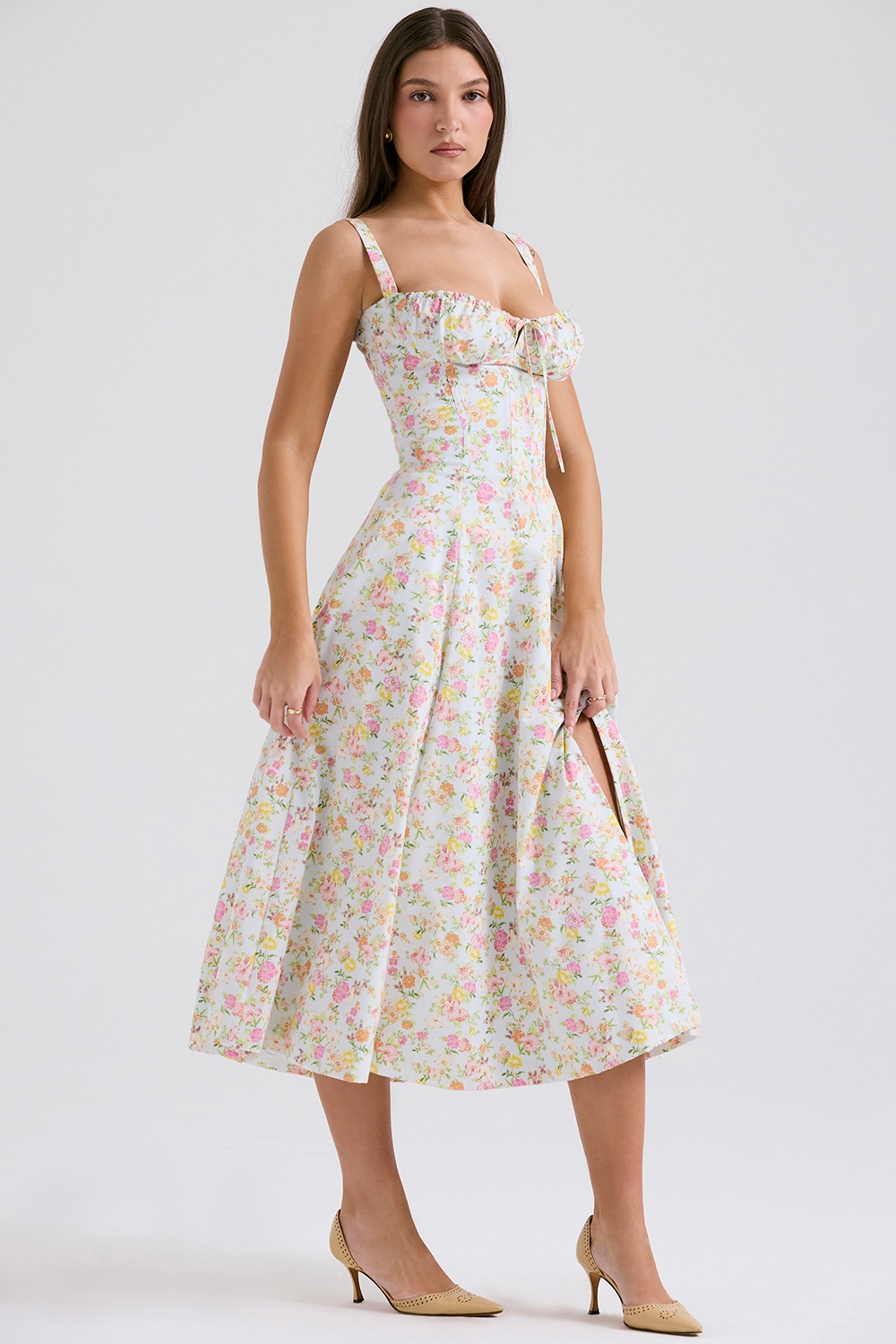 Carmen  Pale Blue Meadow Print Cotton Bustier Sundress — image 5