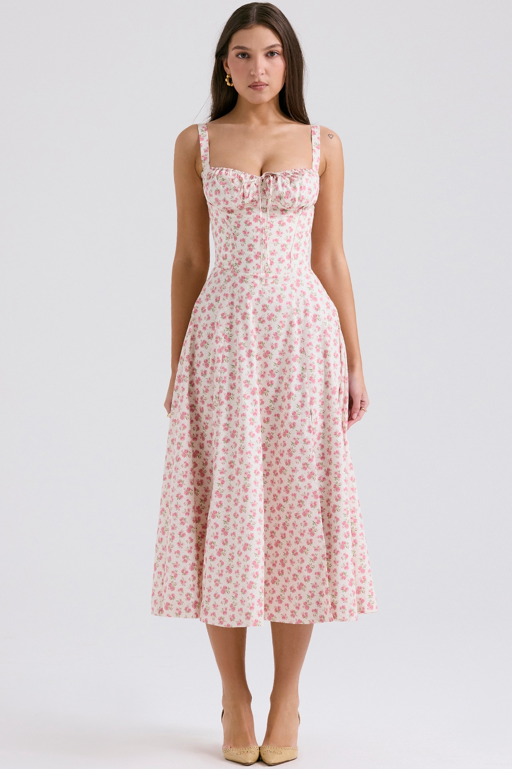 Carmen  White Rosebud Print Cotton Bustier Sundress — image 3
