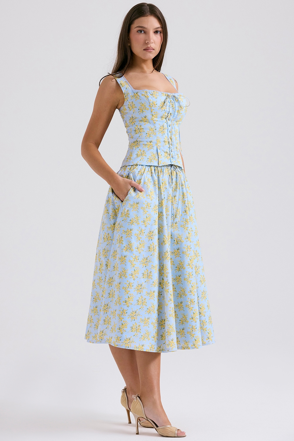 Cora  Soft Blue Vintage Floral Print Cotton Midi Skirt — image 6