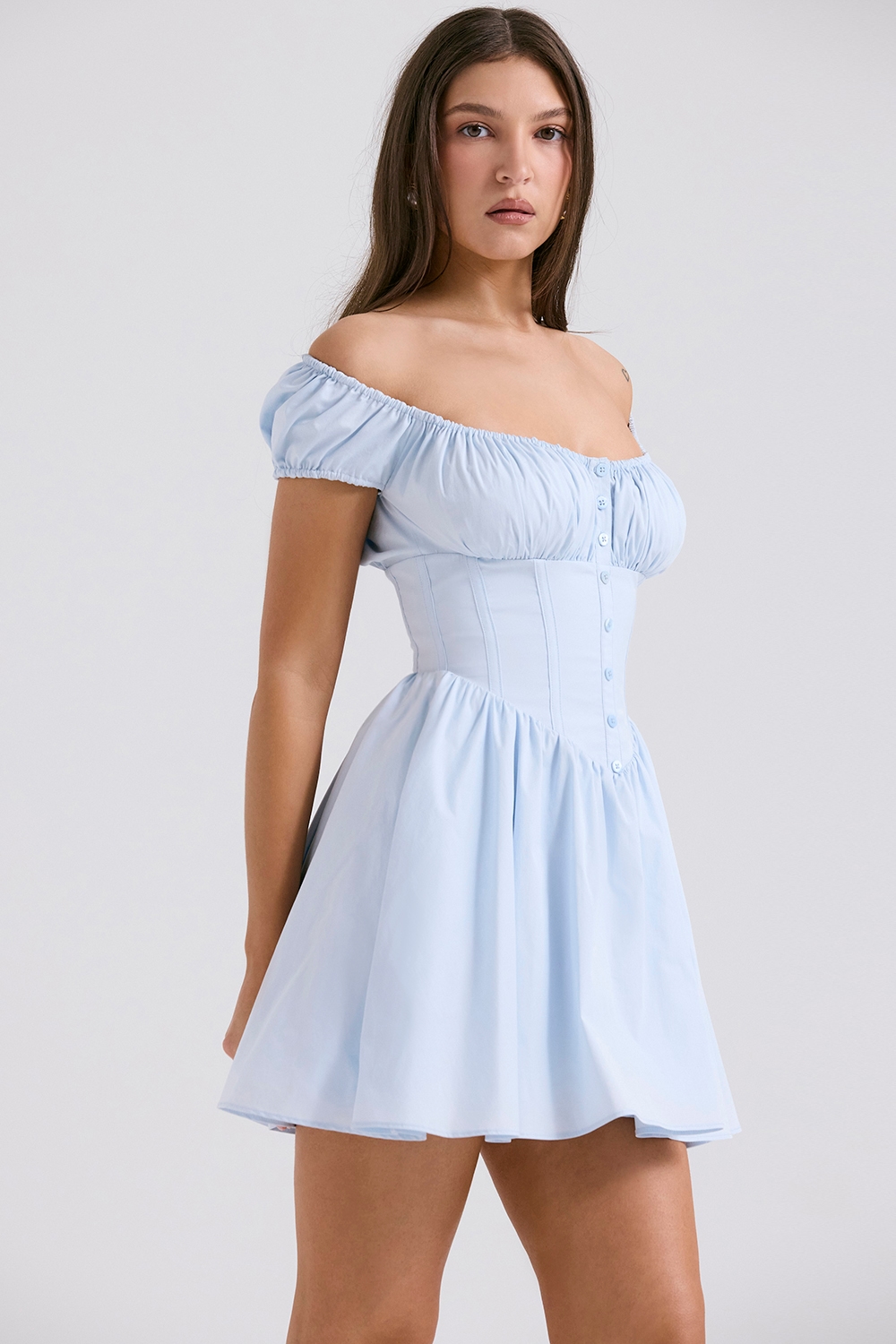 Nala  Soft Blue Cotton Gathered Mini Dress — image 5