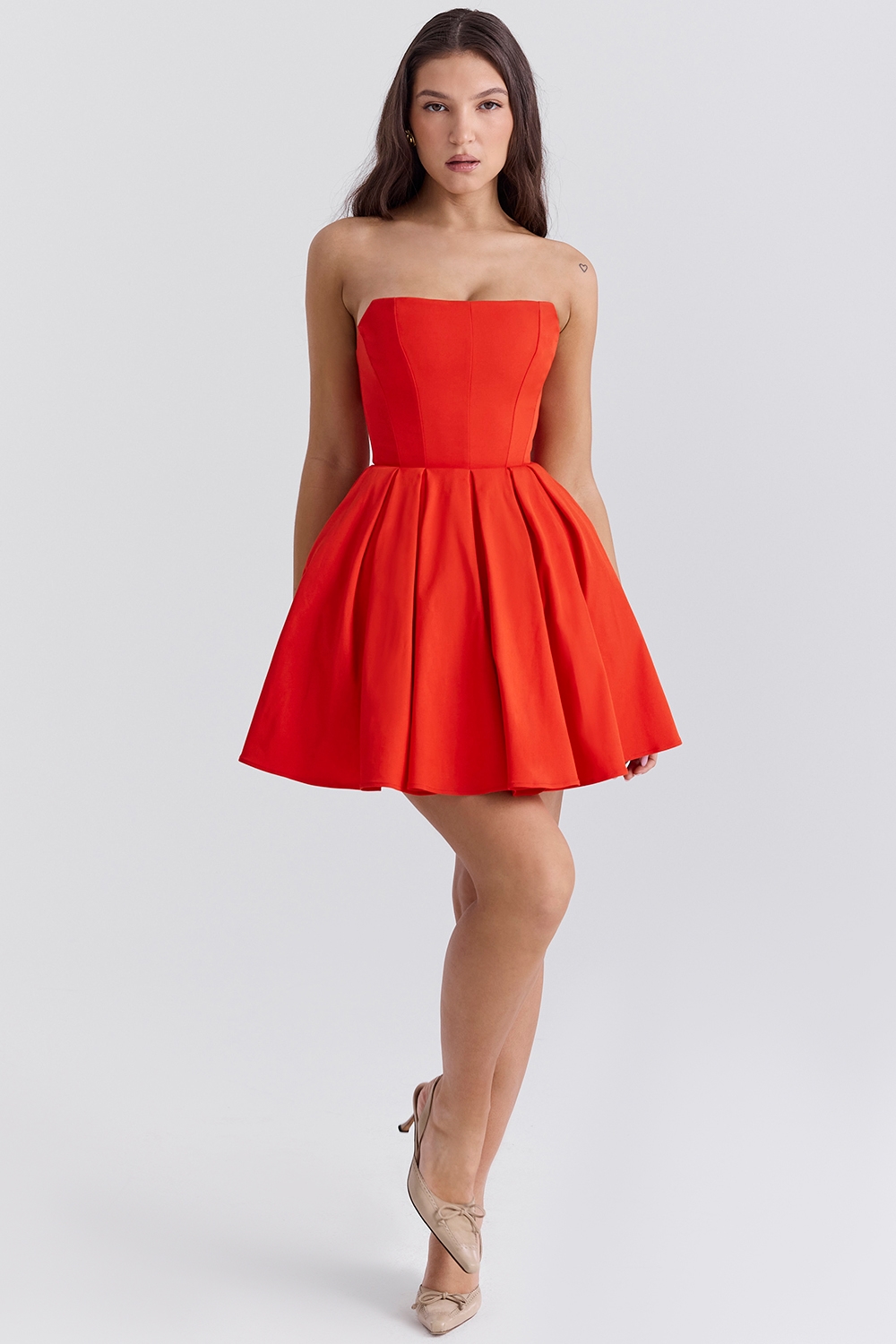 Emmanuela  Italian Tomato Strapless Pleated Mini Dress — image 5