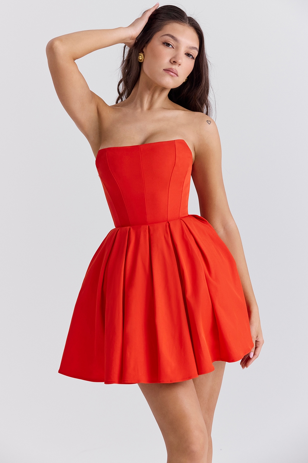 Emmanuela  Italian Tomato Strapless Pleated Mini Dress — image 6