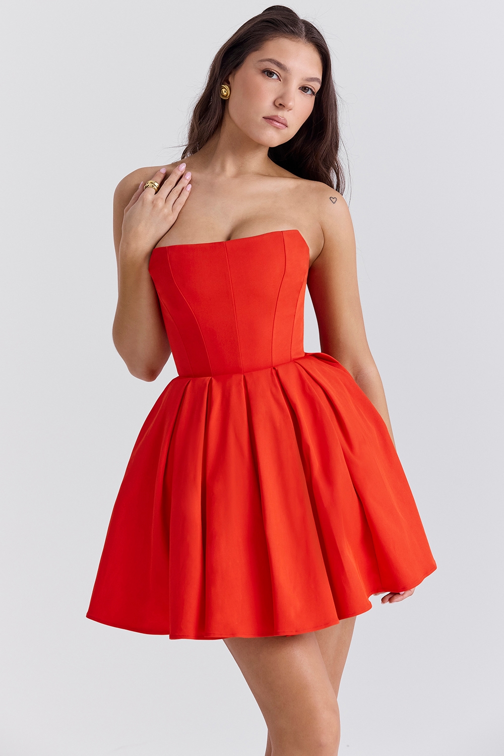 Emmanuela  Italian Tomato Strapless Pleated Mini Dress — image 7