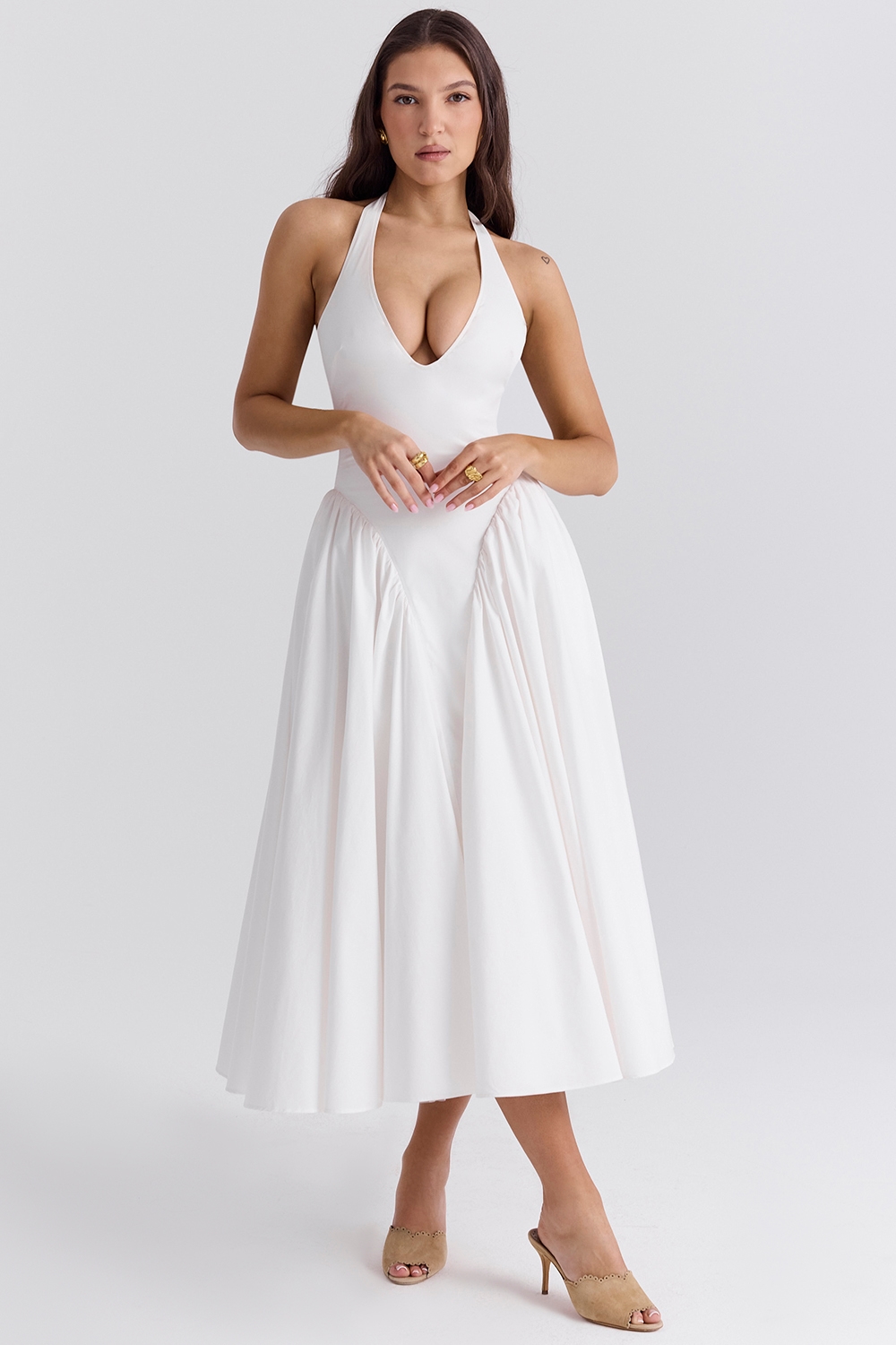 Marilyn  White Cotton Halter Midi Sundress — image 3