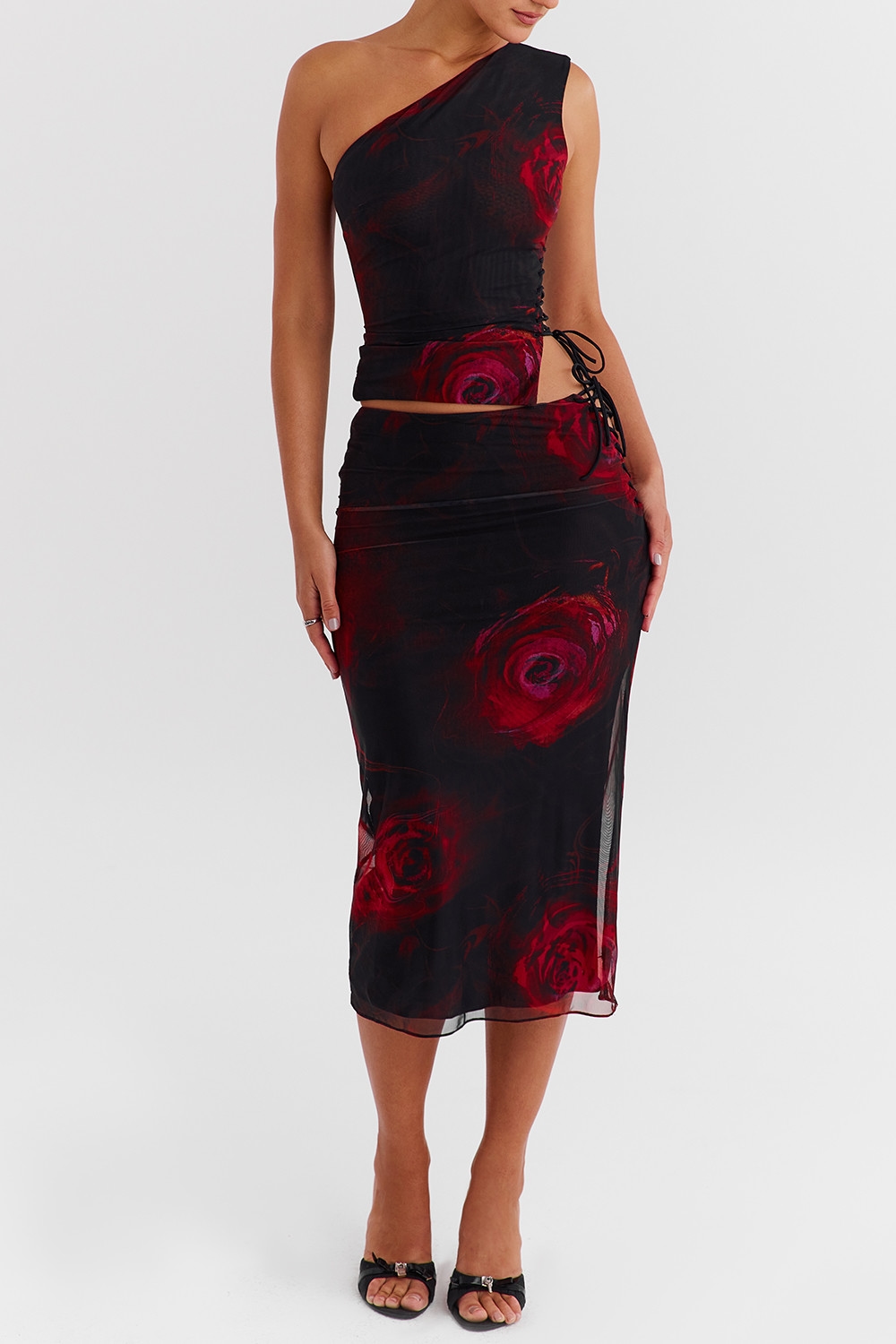 Mistress Rocks Black Rose Print Lace Up Midi Skirt - SALE — image 5