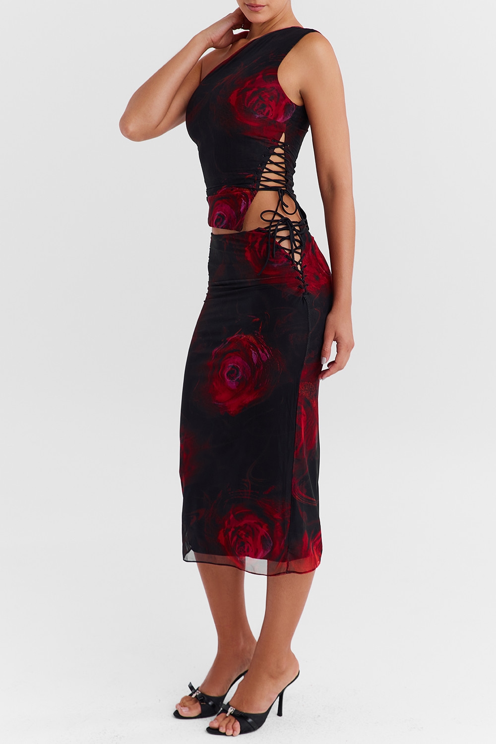 Mistress Rocks Black Rose Print Lace Up Midi Skirt - SALE — image 6