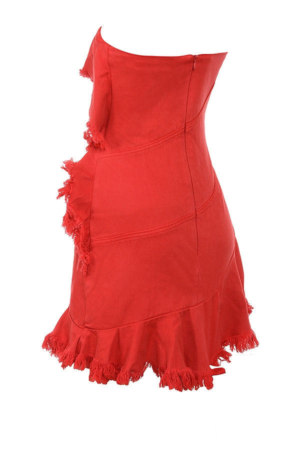 Mistress Rocks Red Frayed Denim Strapless Mini Dress - SALE — image 12