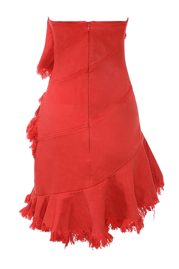 Mistress Rocks Red Frayed Denim Strapless Mini Dress - SALE — image 13