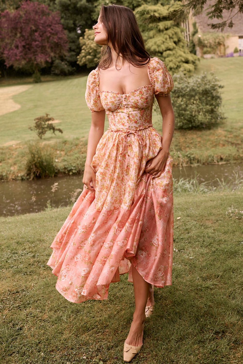 Penelope  Peach Poppy Print Puff Sleeve Midi Sundress — image 9