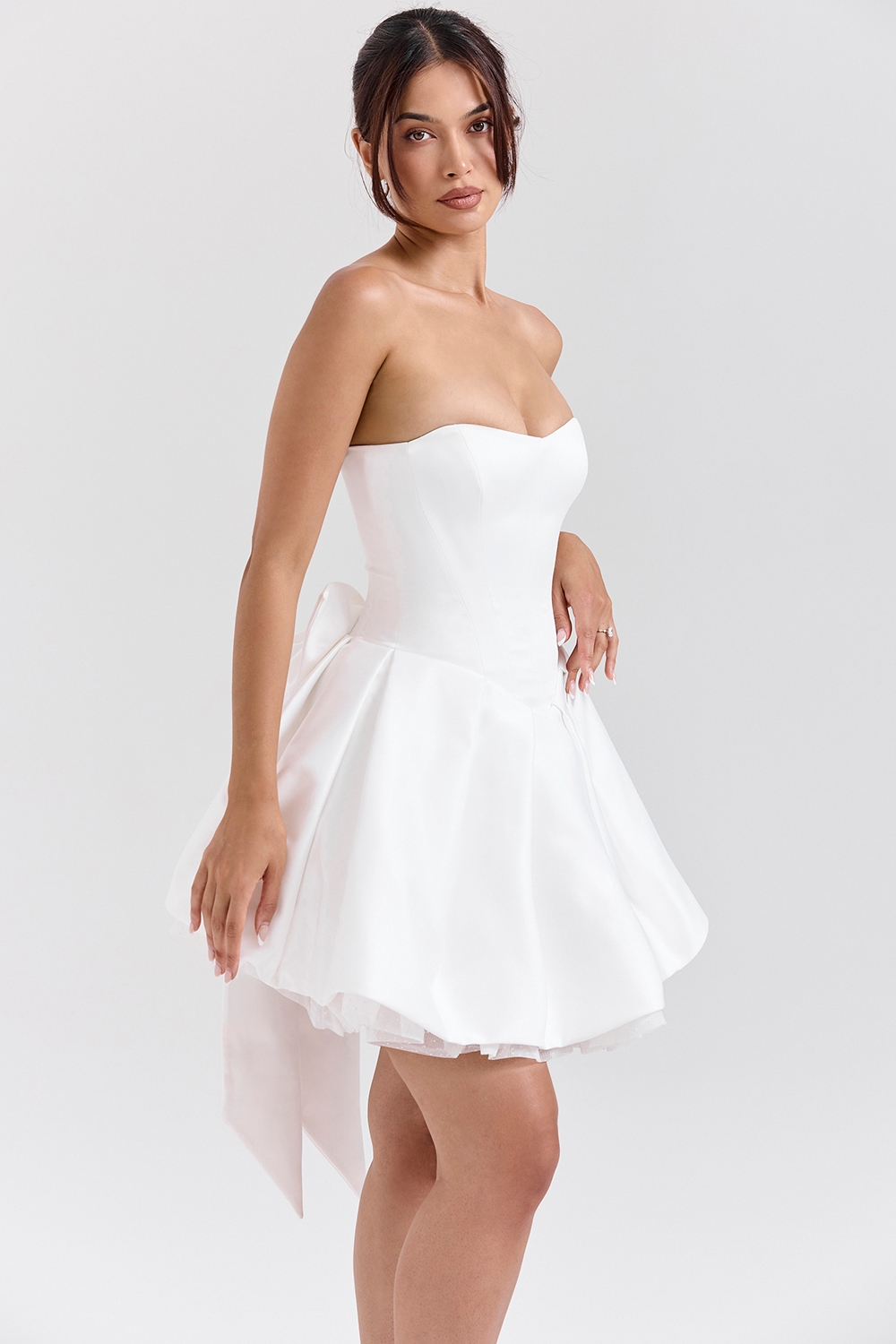 Noele  White Satin Strapless Bow Mini Gown — image 6