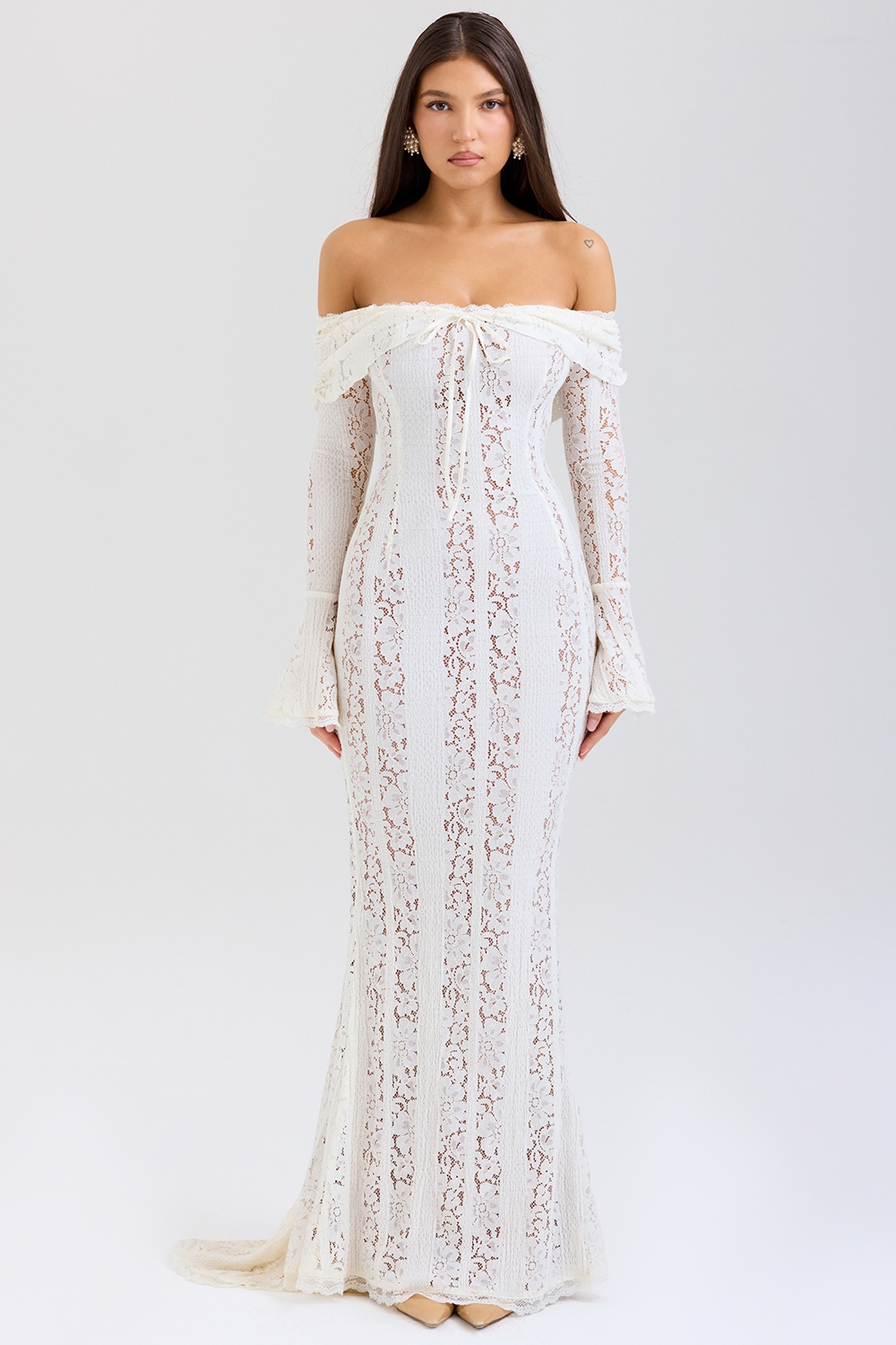 Belle  Vintage Cream Floral Lace Off Shoulder Maxi Dress — image 3