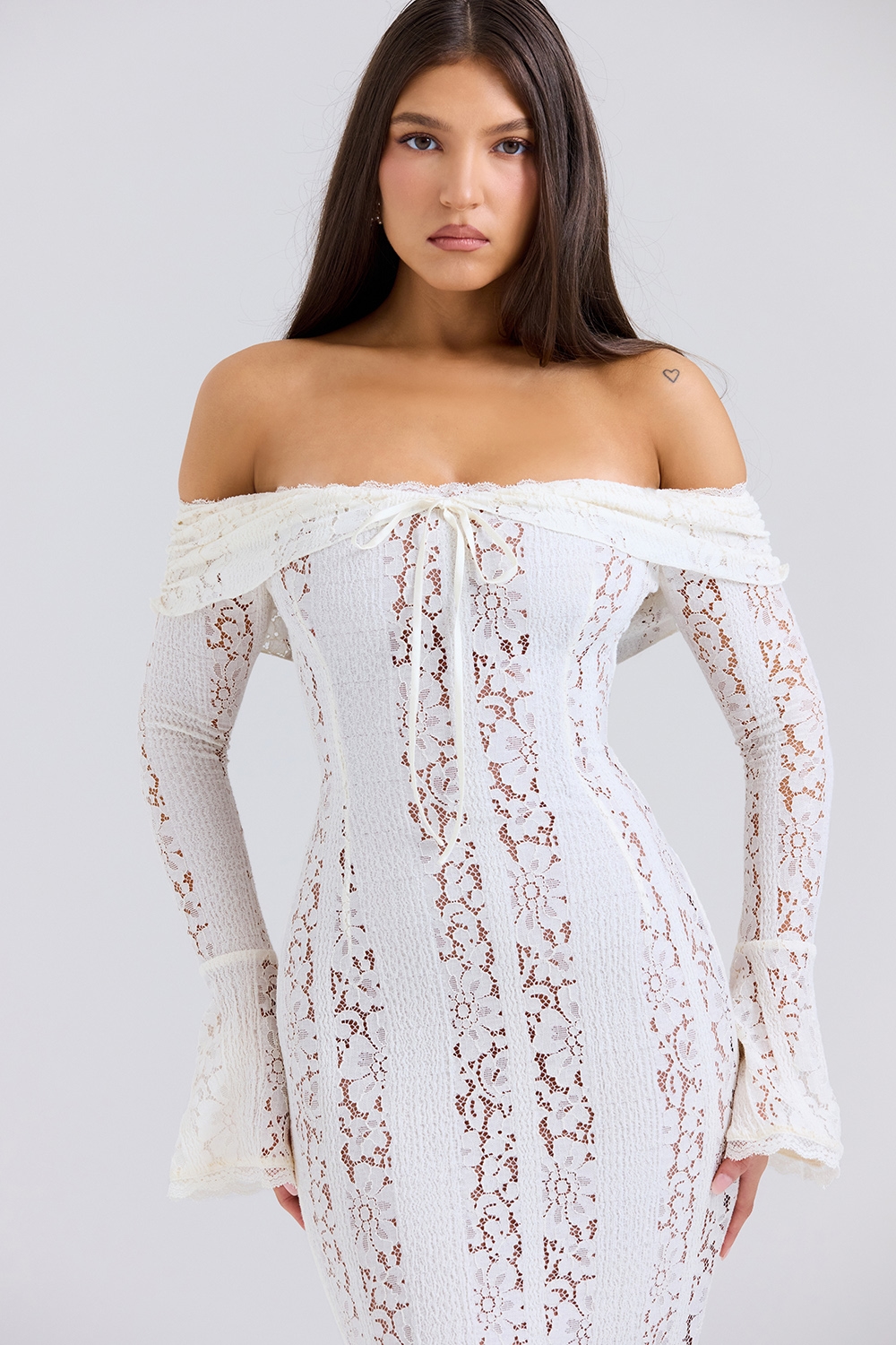 Belle  Vintage Cream Floral Lace Off Shoulder Maxi Dress — image 5