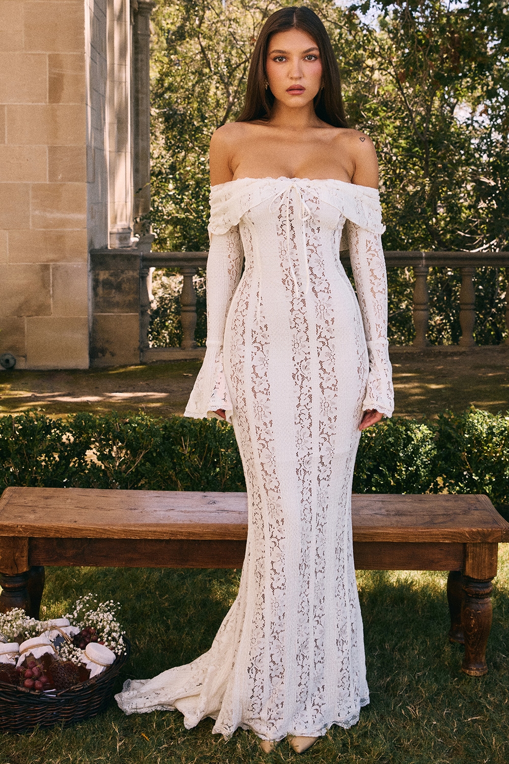 Belle  Vintage Cream Floral Lace Off Shoulder Maxi Dress — image 9
