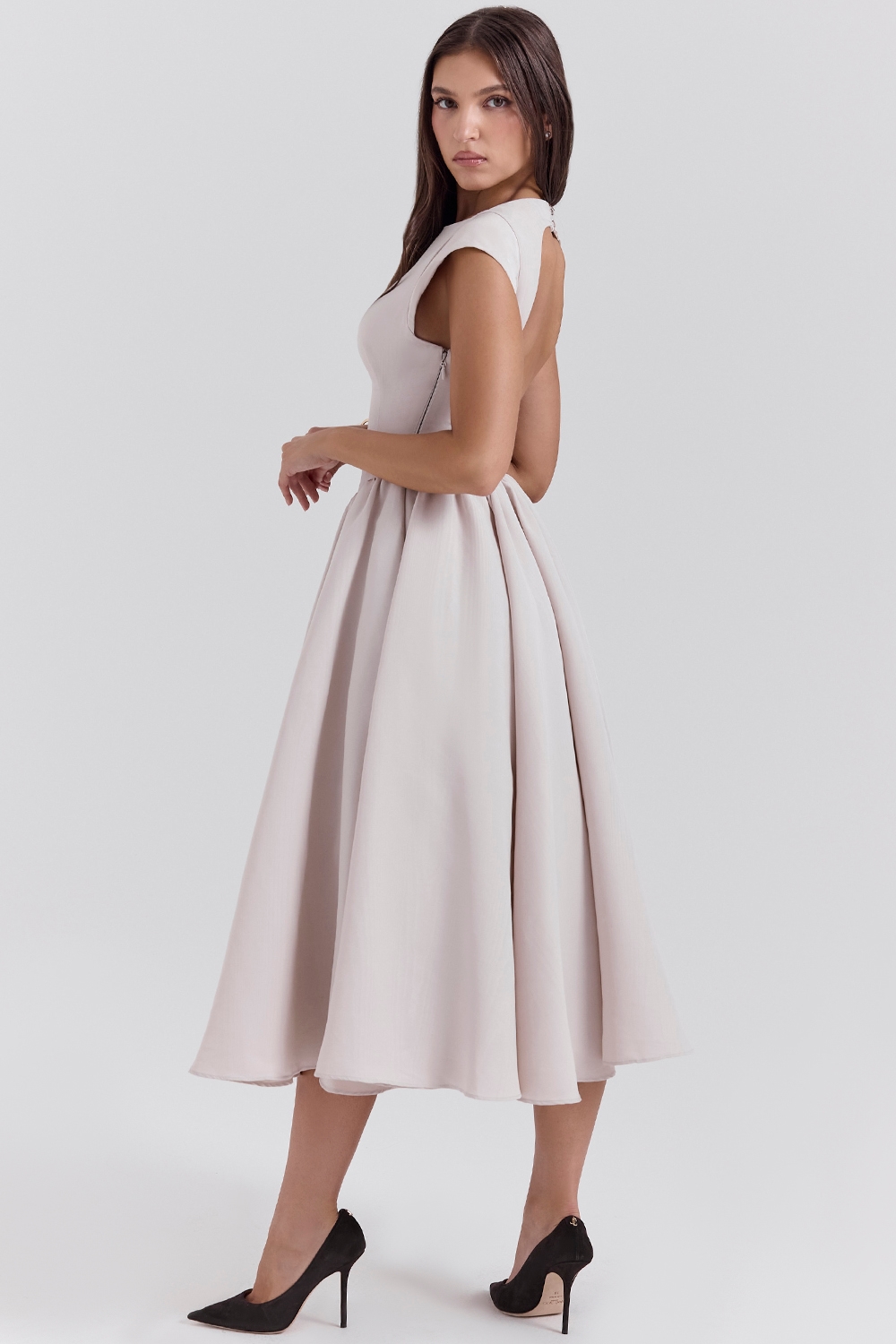 Debutante  French Dove Moire Satin Backless Midi Dress — image 1