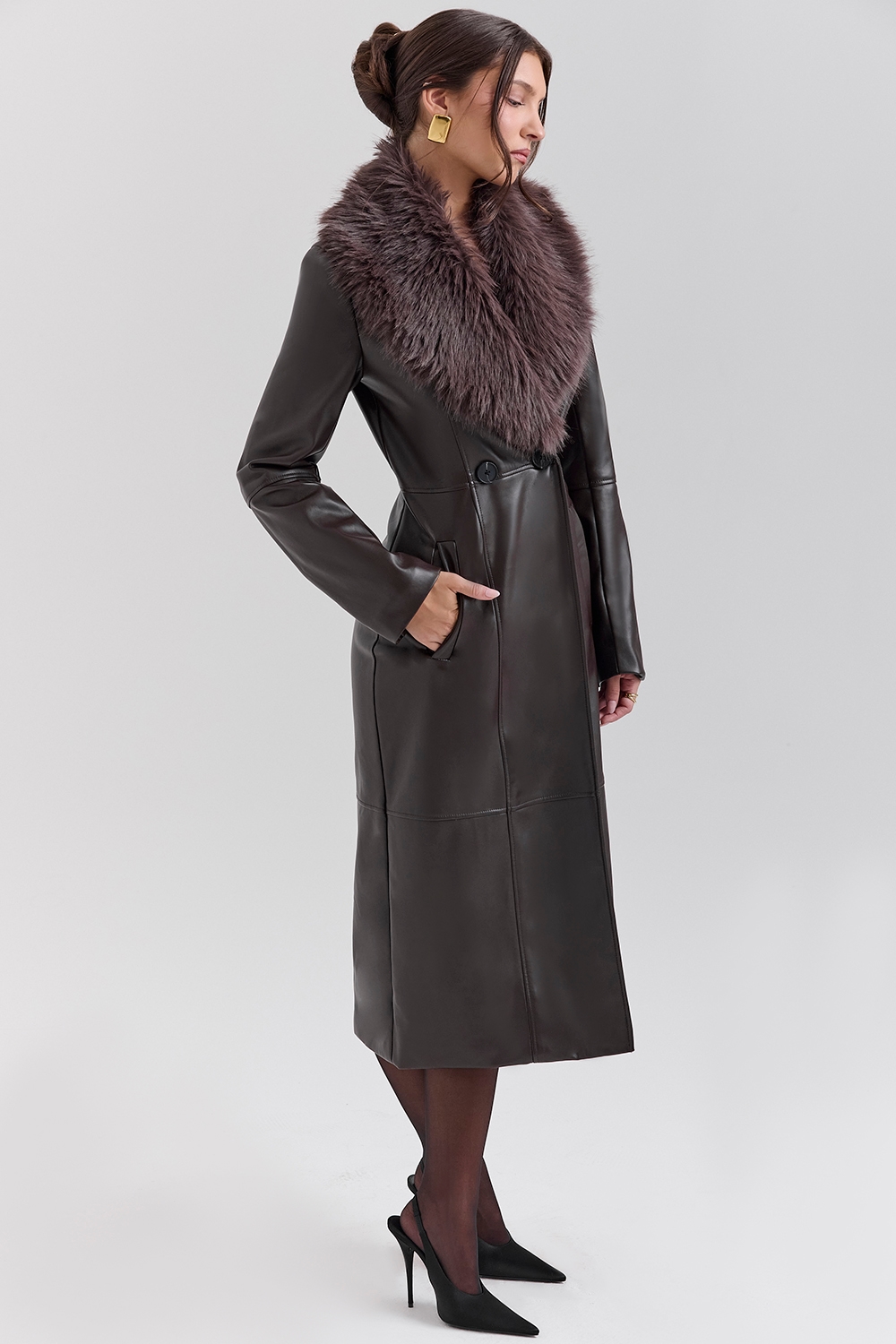 Marcel  Brown Faux Fur Trimmed Vegan Leather Coat — image 5