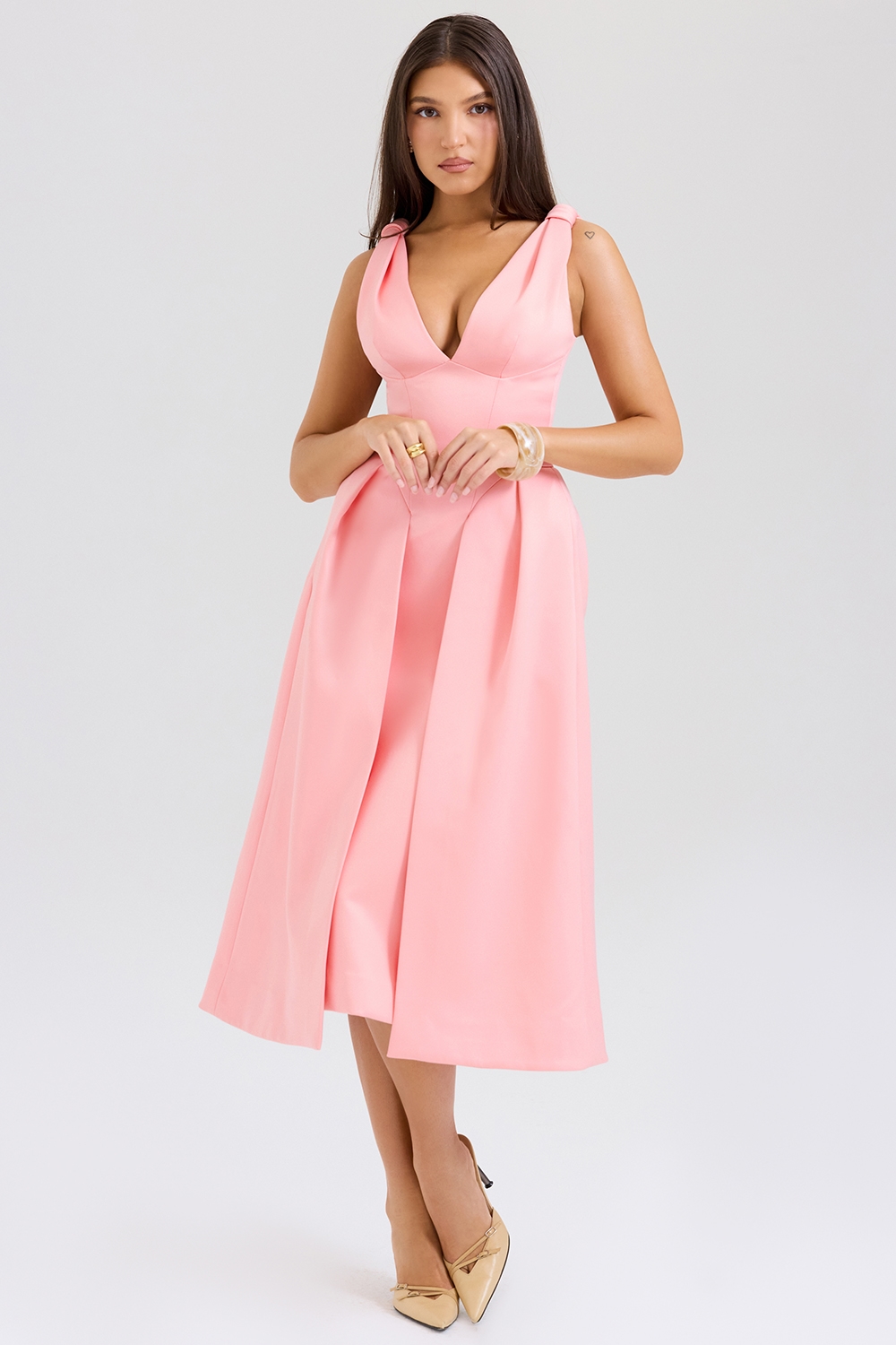 Paloma  Peach Satin Pleated Midi Dress — image 3
