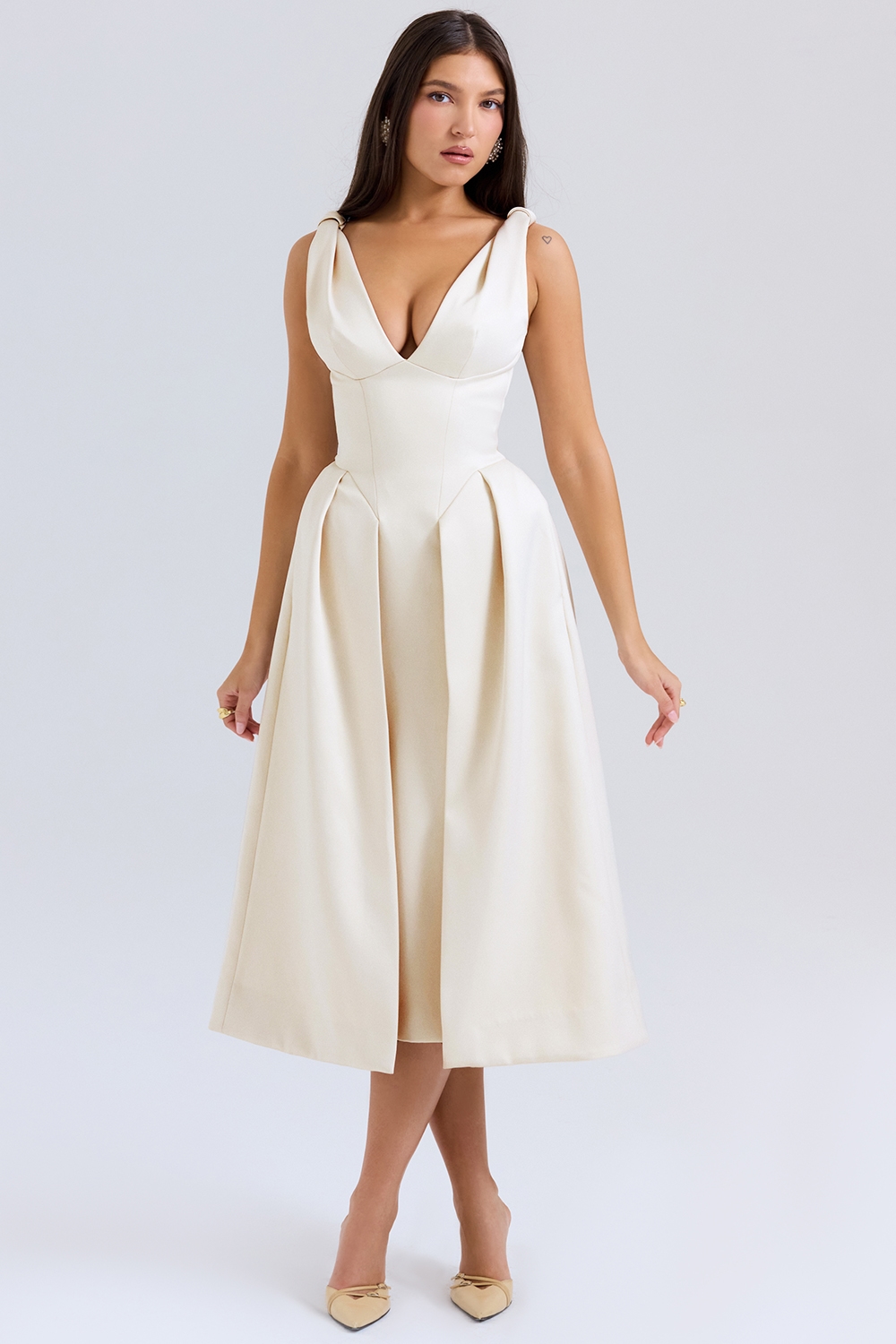 Paloma  Vintage Cream Satin Pleated Midi Dress — image 3