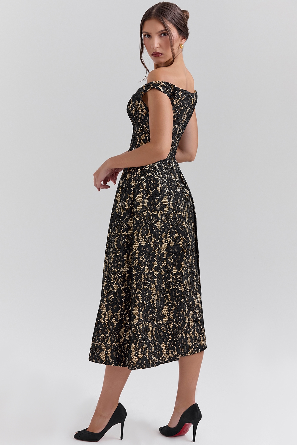 Charming  Black Gold Lace Off Shoulder Midi Gown — image 6