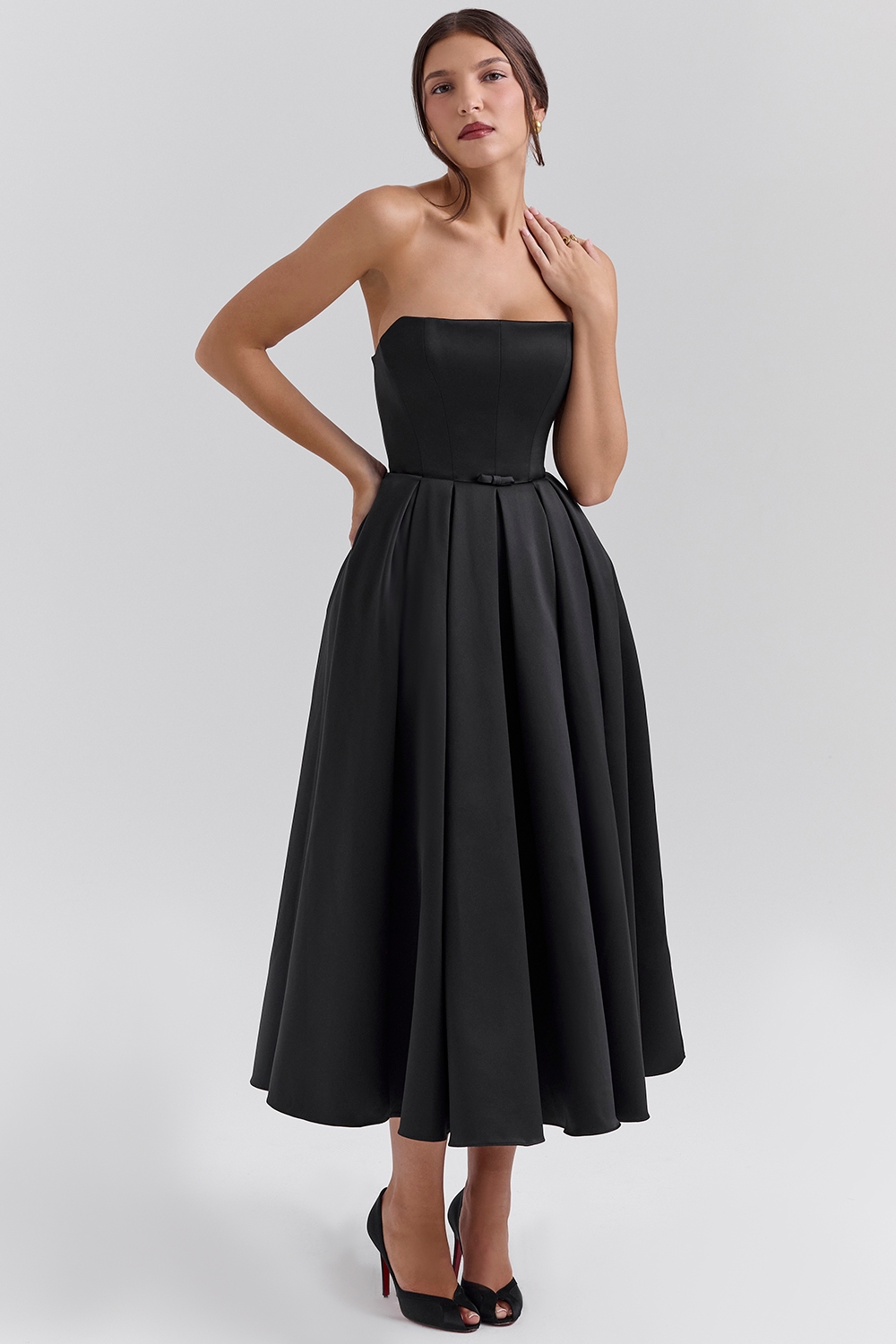 Contessa  Black Strapless Satin Corset Midi Dress — image 3