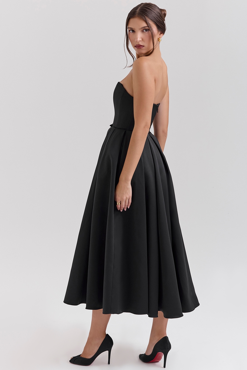 Contessa  Black Strapless Satin Corset Midi Dress — image 7