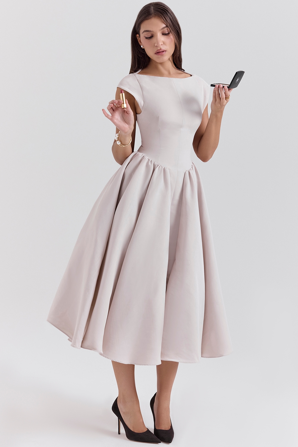 Debutante  French Dove Moire Satin Backless Midi Dress — image 6