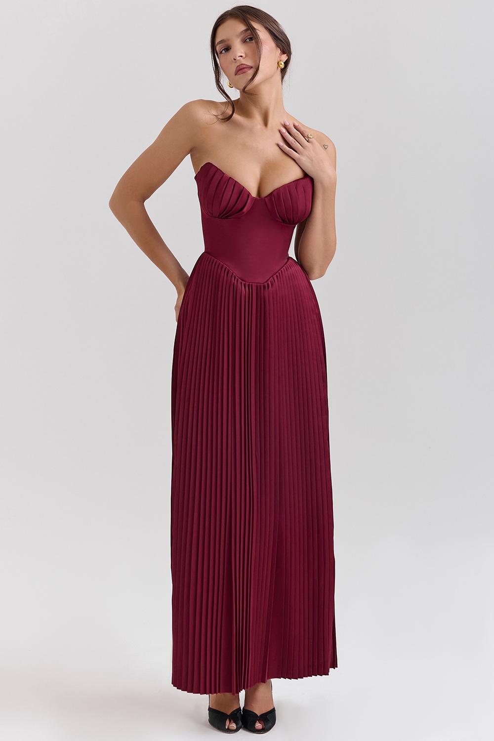 Marcella  Berry Pleated Satin Maxi Dress — image 3