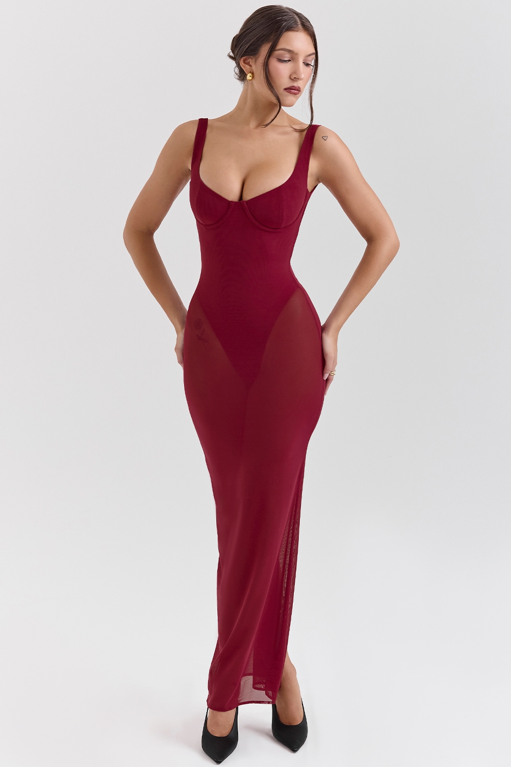 Robina  Wine Stretch Mesh Maxi Dress — image 3