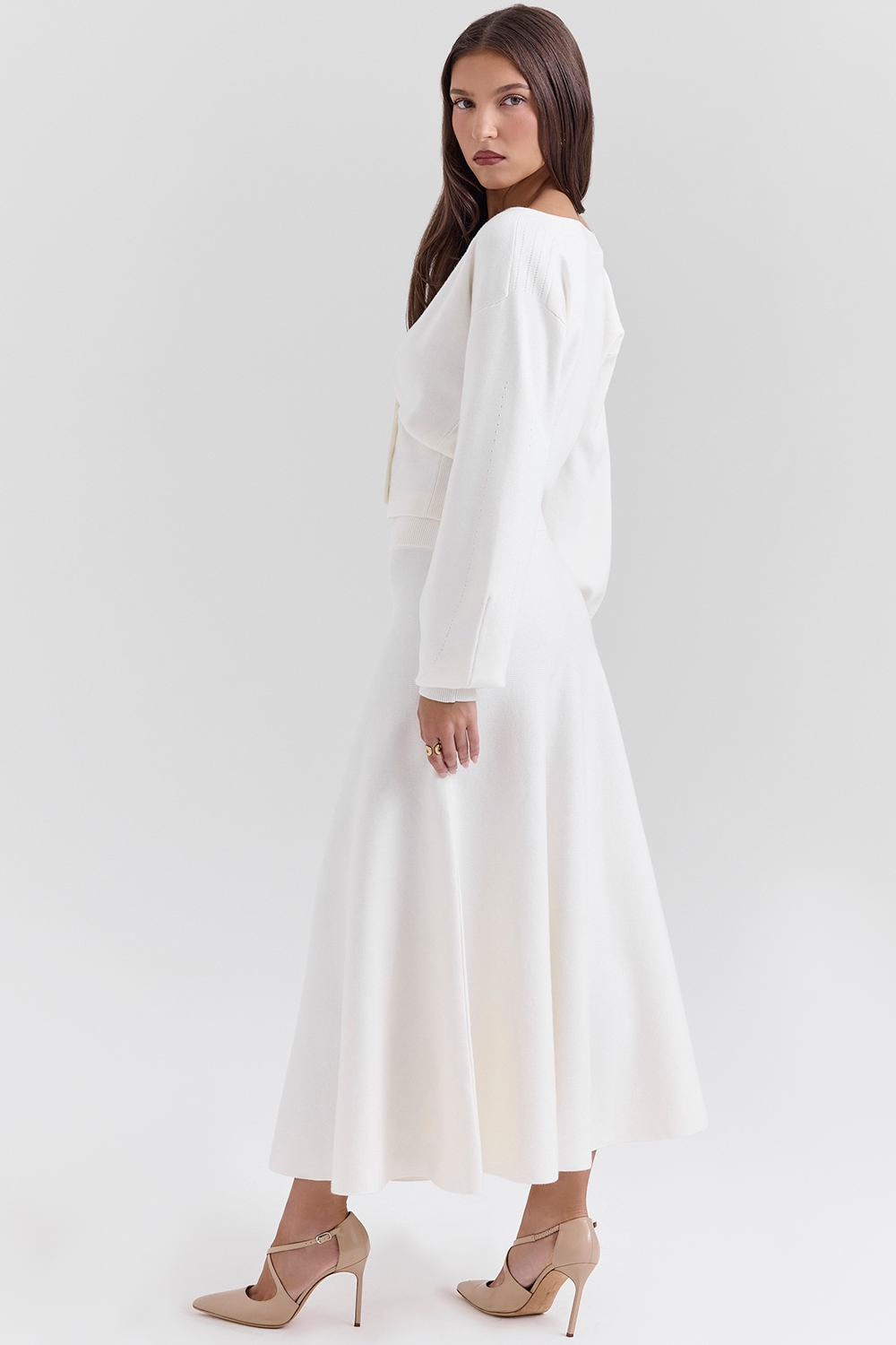 Solara  Ivory Wool Mix Flared Midi Skirt — image 5