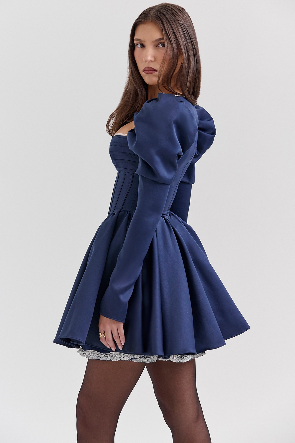 Venetia  Midnight Satin Puff Sleeve Mini Dress — image 6
