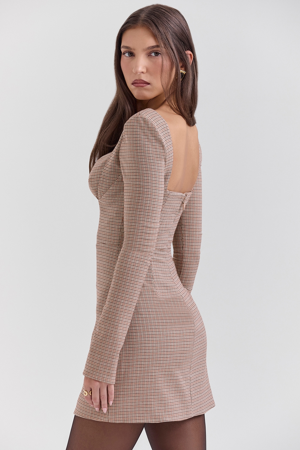 Angelie  Brown Puppytooth Check Plunge Mini Dress — image 3